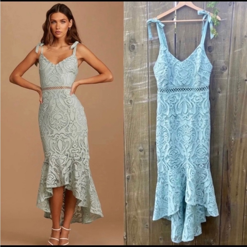 Sage Mint Lace Crochet Tie-Strap High-Low Midi Dress 🌿